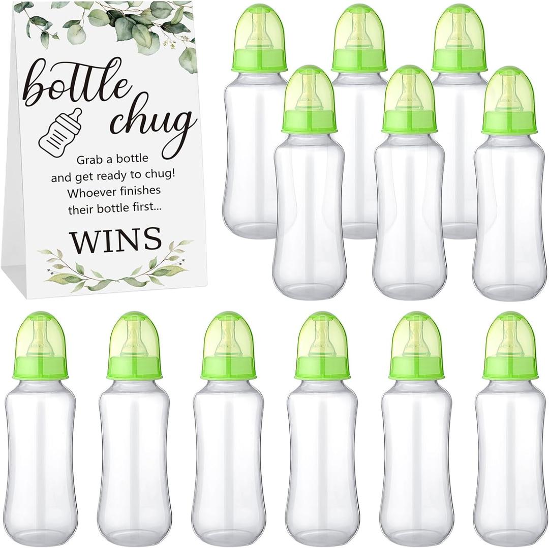 TrelaCo Cool Baby Shower Games Sets 12 Pcs Bottles with 1 Bottle Chug Sign for Gender Reveal Baby Shower Party Favors Decoration Games(Leaves,Green)