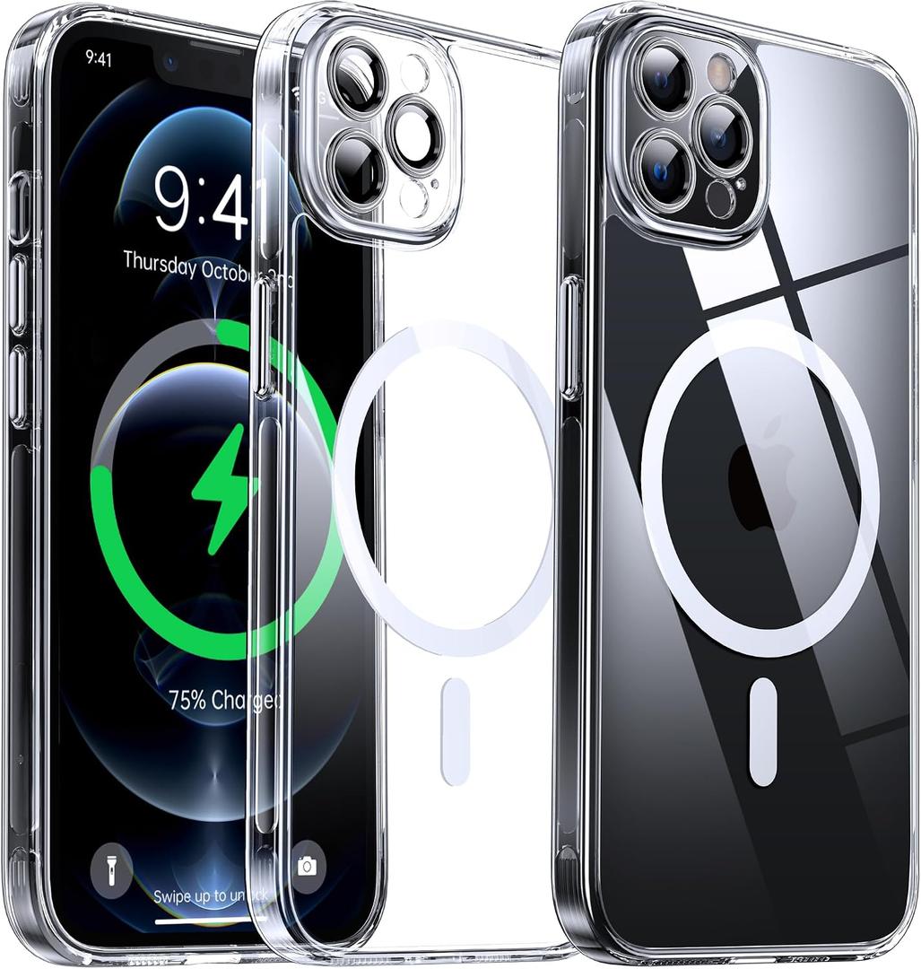 2 x Magnetic Hybrid Clear Case for iPhone 12 Pro Max - [Compatible with MagSafe] [Built-in Camera Protector] [Not Yellowing] Hard Transparent Back Silicone Edge Phone Case Cover, 6.7", Clear