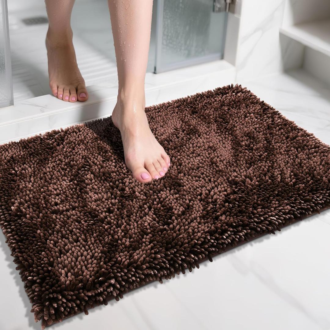 Yimobra Chenille Bathroom Rugs Non Slip, Extra Thick Soft Absorbent Bath Rug 31.5x20 Inch, Machine Washable Quick Dry Bath Mat for Bathroom Floor, Tub and Shower, Home Decor Accessories, Brown