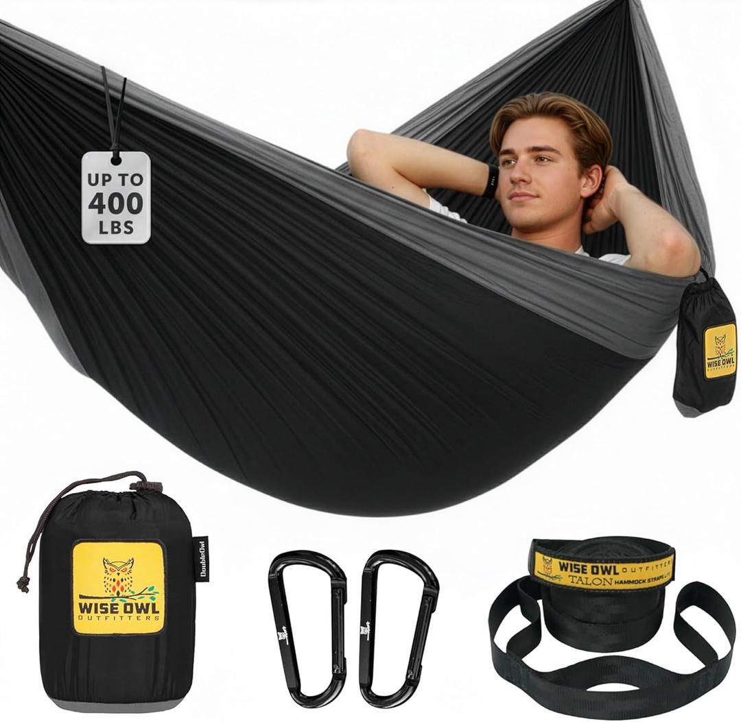 Wise Owl Outfitters Camping Hammock  500lbs Portable Hammock with Tree Straps - Travel, Backpacking, Hiking, Outdoors Camping Gear - Single or Double (Black & Grey)
