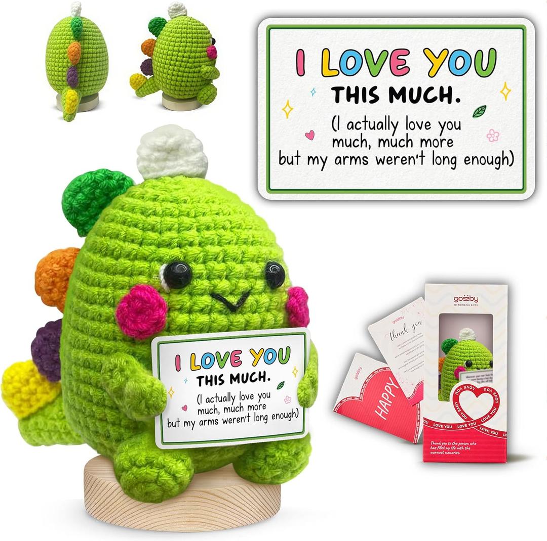 Gossby Valentines Day Gift for Wife Husband Boyfriend Girlfriend - Handmade Positive Dinosaur Crochet - Romantic Anniversary, Christmas, Birthday Couple Gift for Him Her - I Love You This Much