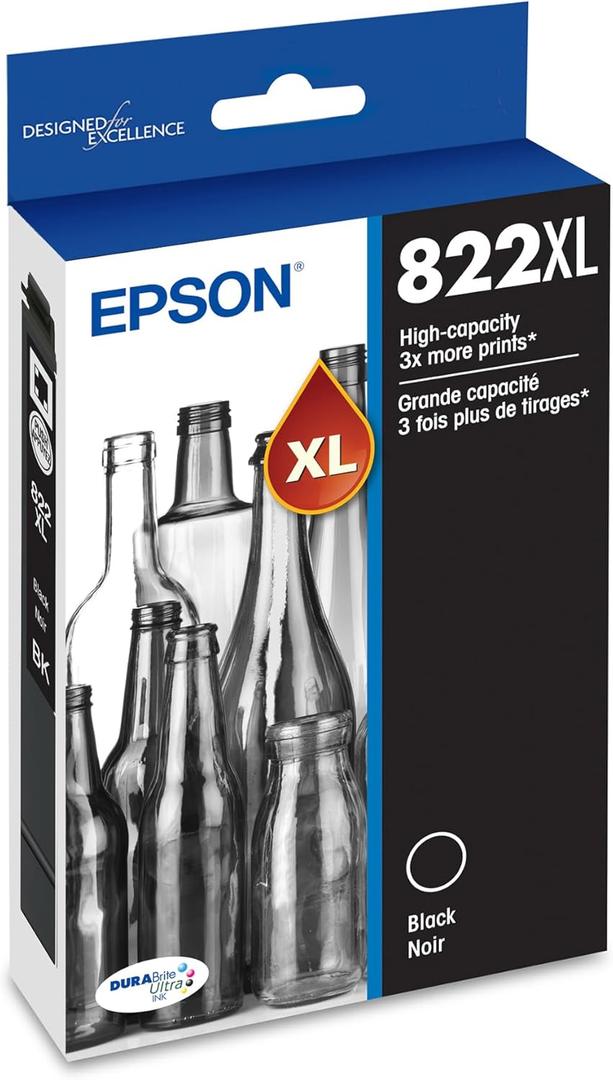 EPSON 822 DURABrite Ultra Ink High Capacity Black Cartridge (T822XL120-S) Works with WorkForce Pro WF-3820, WF-3823, WF-4820, WF-4830, WF-4833, WF-4834