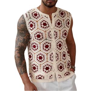 Men's Floral Crochet Shirts Hollow Out Button Down Sleeveless Knit Top Summer Beach Vacation Cruise Shirts (S)