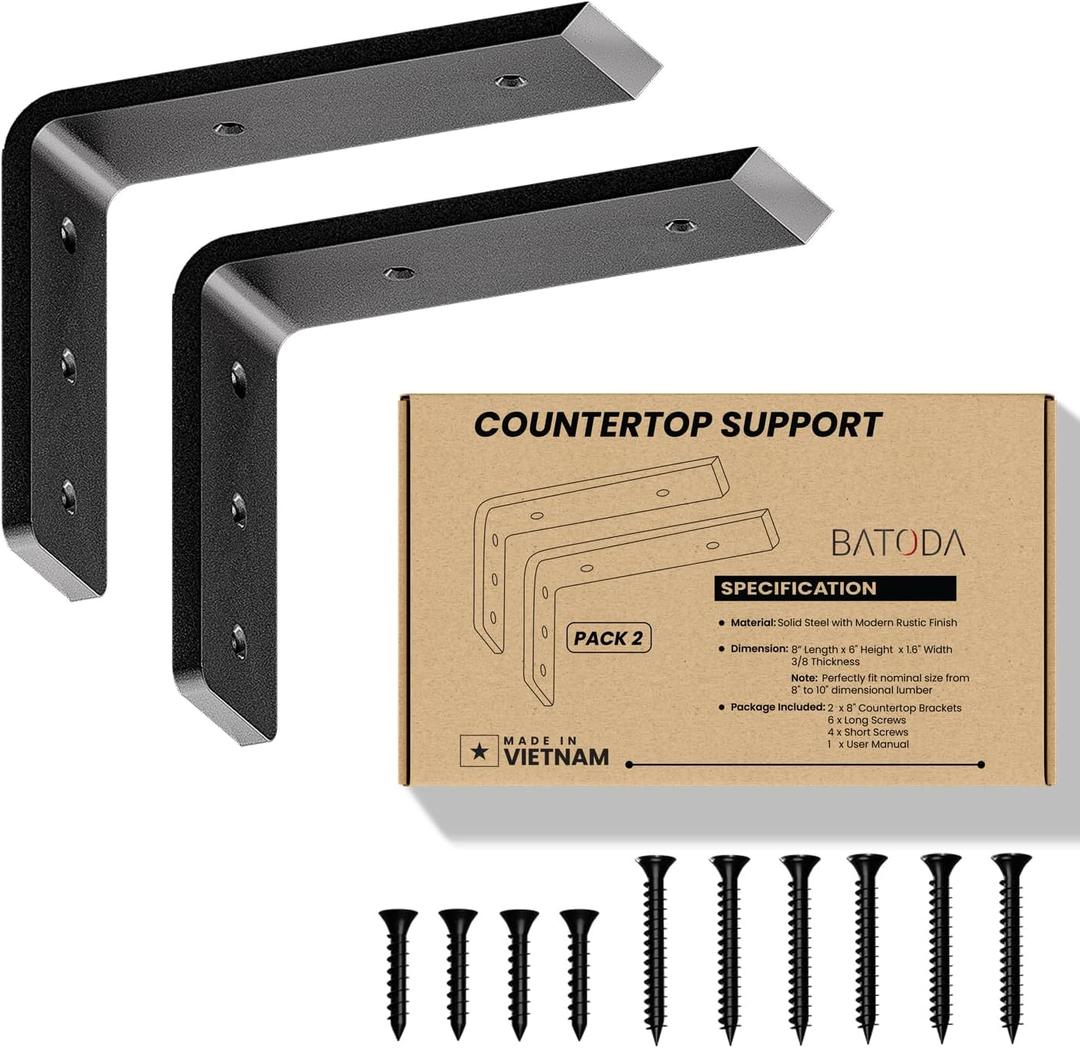 BATODA 8 Countertop Support Steel Brackets (2 pcs) for Large Granite - Heavy Duty L Floating Shelf Bracket - Black Metal Wall Mounted Support for Wood Shelving (8 inch)