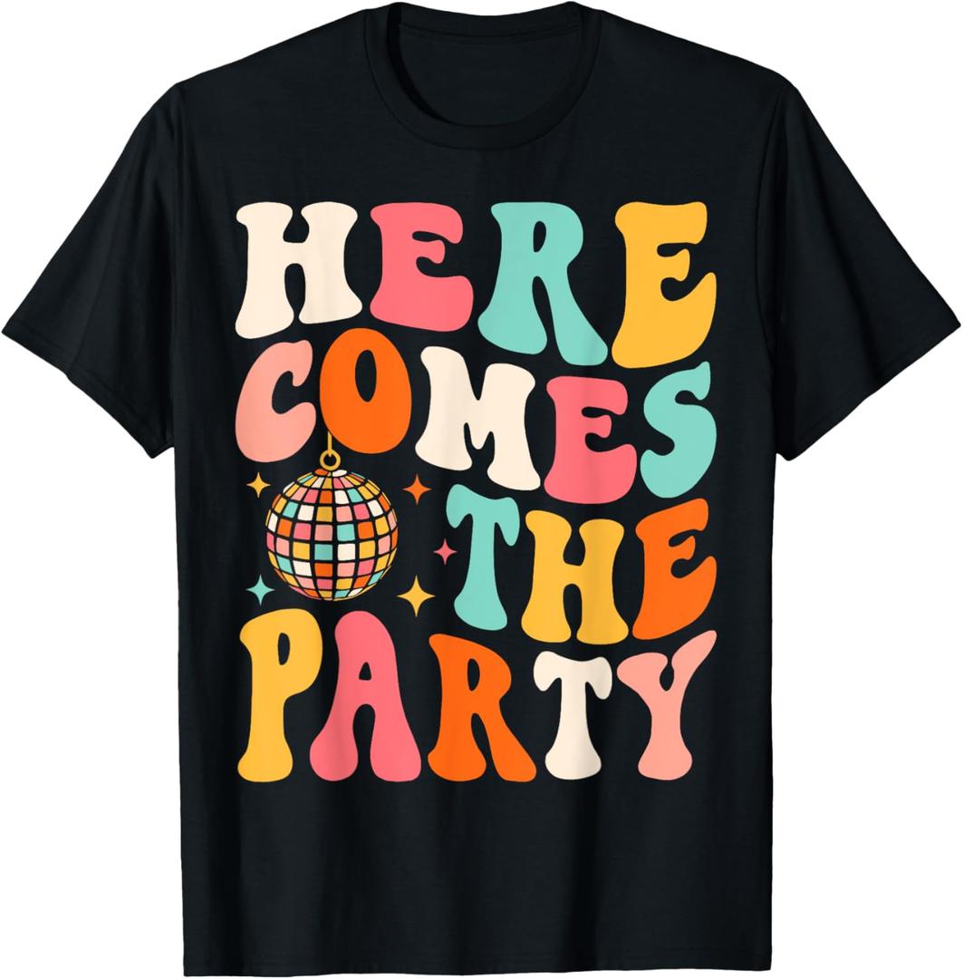 Here Come The Party Retro Bachelorette Bridal Party Wedding T-Shirt (Small, Black)