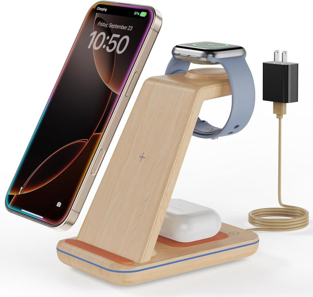 3 in 1 Wireless Charging, Wireless Charger Stand for Multiple Apple Devices, Wireless Charger for iPhone 17 16 15 14 13 12 11 Pro Max XS XR 8, Apple Watch 11 9 8 7 6 SE 5 4 3 2, AirPods 3/2/Pro (Light Wood Grain)