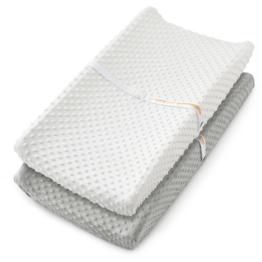 Homiest 2 Pack Changing Pad Cover, White + Light Gray Changing Table Sheets, Ultra Soft Fleece Minky Dot Fabric, Breathable Comfortable Diaper Pad Cover for Girls and Boys, Machine Washable