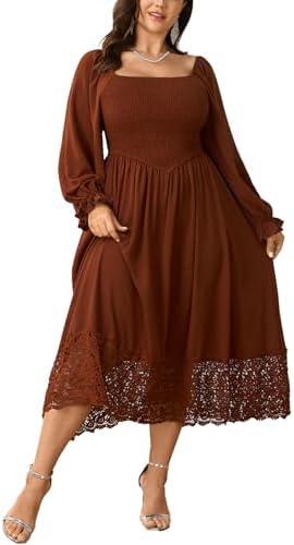 SHESTARR Women's Plus Size Maxi Dress Long Sleeve Square Neck Smocked Flowy A-Line Lace Trim Wedding Guest Dresses 3XL