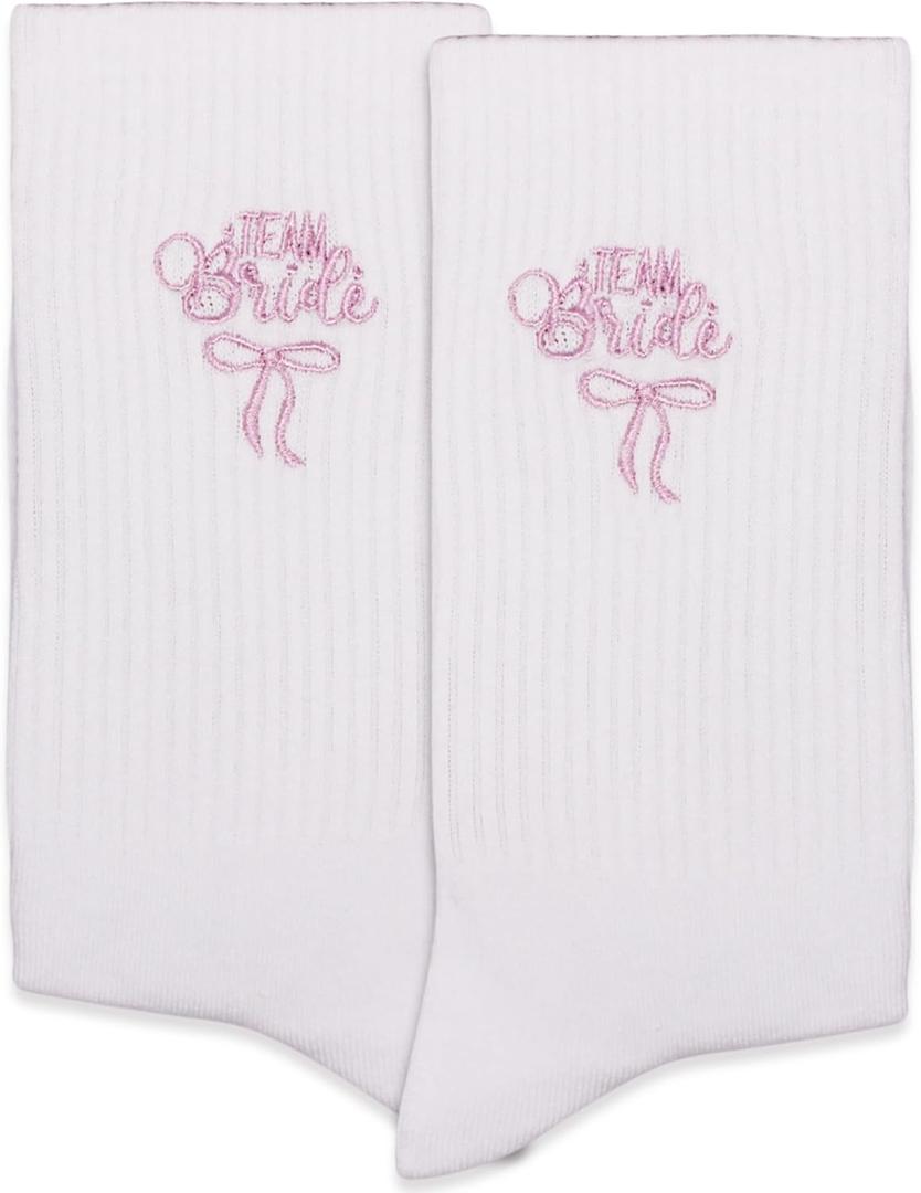 Team Bride Embroidered Socks White with Pink Bow Bridal Party Bachelorette Wedding Gifts. (008), One Size