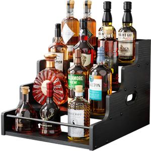 KLM Liquor Bottle Display Shelf, Coffee Syrup Rack Organizer, 4 Step Countertop Liquor Wine Rack, mini bar,liquor cabinet, Home Retro Bar Shelf Stand for Liquor Whiskey, (Black)