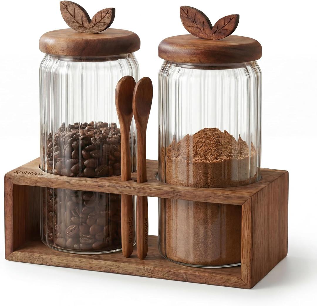 Coffee Bar Glass Canister Set 2 34 floz Airtight Glass Jars with Acacia Wood Lids, 2 Acacia Wood Spoons & Acacia Organizer Tray
