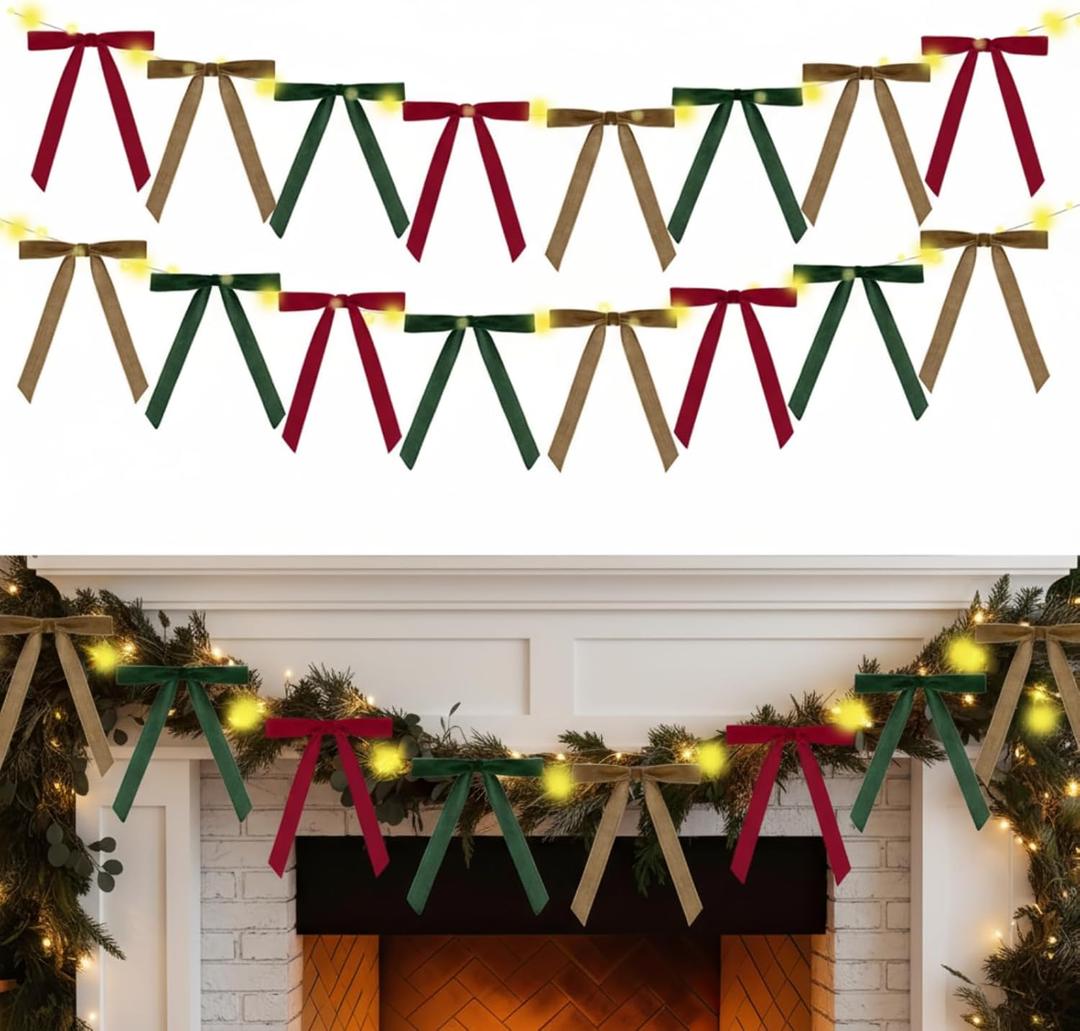 Valentines Garland-13ft Valentine's Bow Garland with String Lights Velvet Bow Garland Banner Valentines Galentines Indoor Decor for Wedding Holiday Party Wall Home Front Door(Green Brown Red)