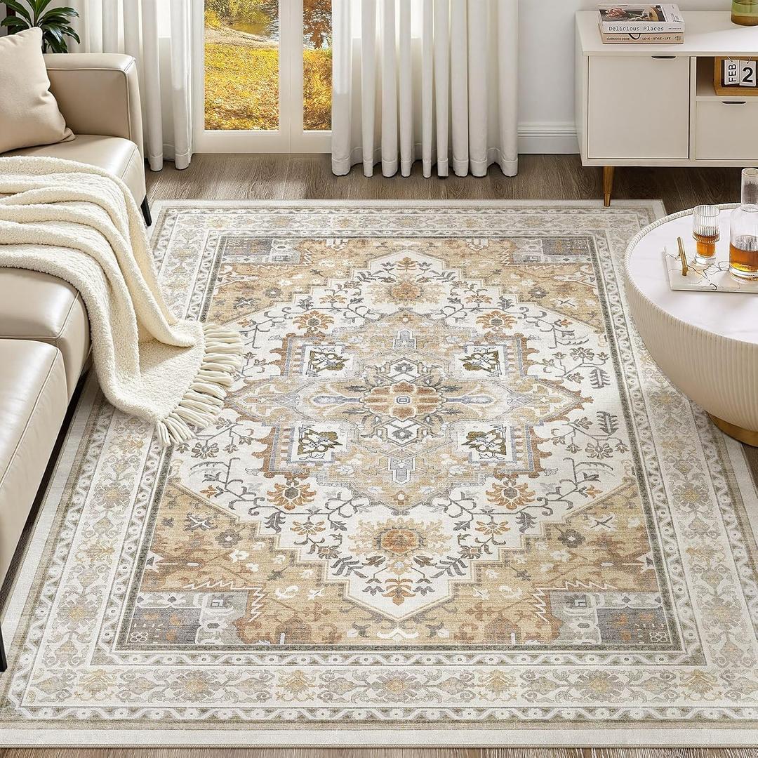 UERMEI 9x12 Area Rug for Living Room - Washable Vintage Carpet, Non-Slip Soft Large Indoor Floor Rugs for Bedroom Home Office & Under Dining Table Decor, Brown Beige