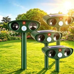 4 Pack Solar Ultrasonic Animal Repeller Outdoor Animal Deterrent Devices Waterproof, Effective Against Deer, Cat, Squirrel, Dog, Raccoon, Skunk, Rabbit Repellent for Yard Garden Protection