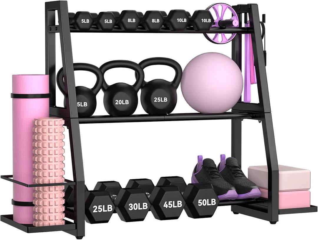 Weight Rack for Home Gym, Dumbbell & Kettlebell Rack
with Side Storage, 600LB Heavy Duty,3 Tier Workout Storage for Dumbbell,Kettlebell,Yoga Mats,Small Fitness Essentials