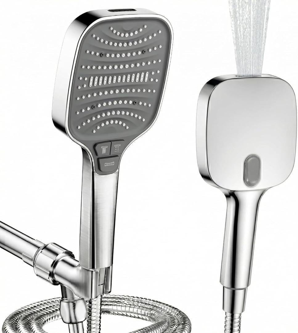 High Pressure Shower Head with Handheld, 8 Functions, Anti-clog Nozzles, Built-in Power Wash, Heat-Resistant Premium ABS Material, Leakproof 5.9ft Hose & Thickened Bracket