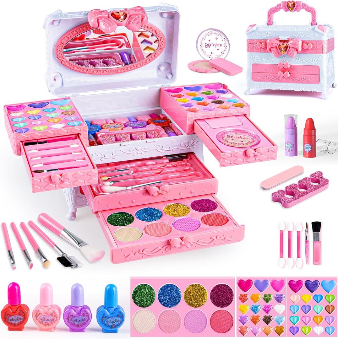 Kids Makeup Sets for Girls, 66pcs Real Cosmetic for Kids Toys with Mirror, Princess Washable Girls Makeup Kit, Non-Toxic & Safe Brithday Gifts for 3 4 5 6 7 8 10 - 12 Years OldLight Pink