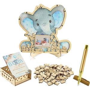 Adzt's 63 Pcs Baby Shower Event Guest Book Alternatives Set,60 Wood Slices Guest Book for Birthday, Baby Shower Guestbook with Photo Frame Baby Frame Keepsake Elephant