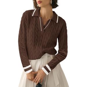 Micoson Womens Sweaters Fall Long Sleeve Lapel V Neck Sweater Cable Knit Pullover Casual Soft Jumper Top (Large, Brown and White Stripe)