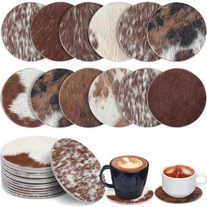 Hushee 12 Pcs Cowhide Coasters Round Natural Leather Cowhide Drink Coasters for Tea Cup Living Room Office Desk Decoration