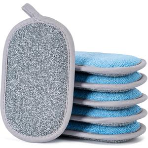 Dual-Sided Multi-Purpose Scrub Sponges, Non-Scratch Dishwashing Sponges for Kitchen, Reusable Microfiber Sponge for Efficiently Cleaning Dishes, High Density Sponge Inside (6 Pack, Medium) (Grey-Blue)