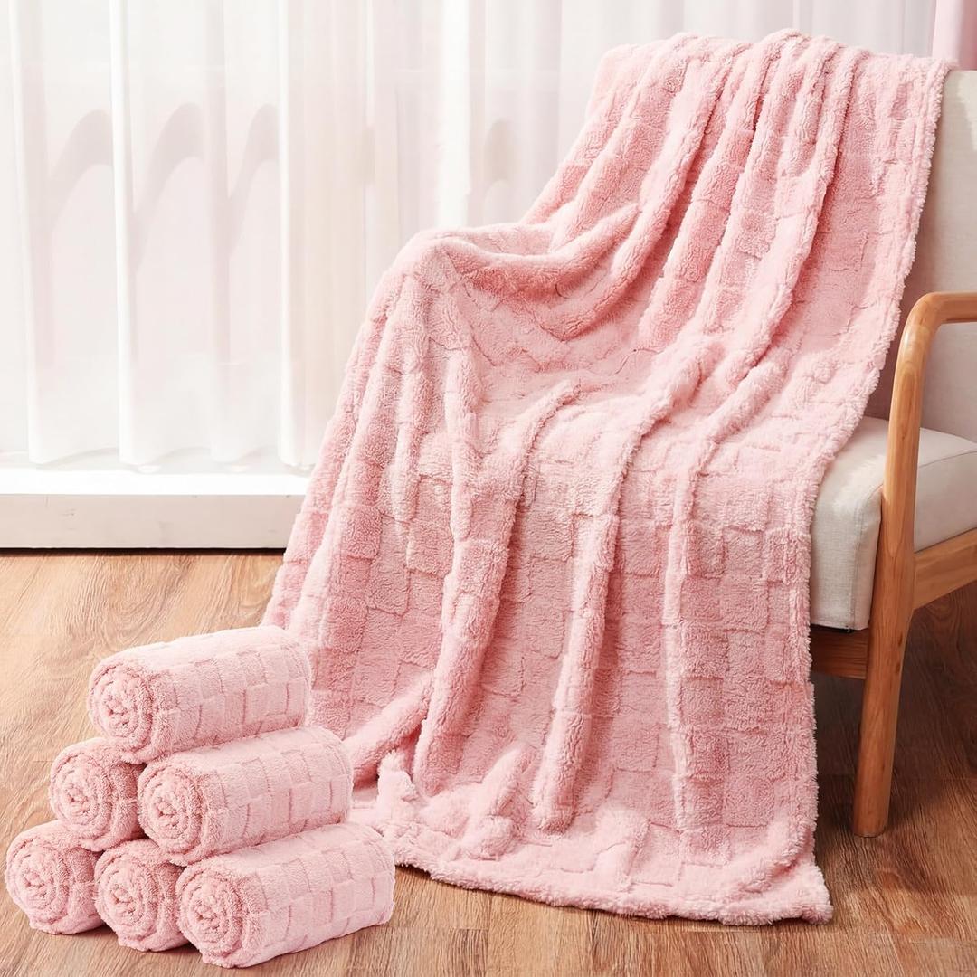 Buryeah 6 Pack Fleece Throw Blankets Bulk, 50 x 60 Inches Soft 3D Checkered Flannel Blankets Warm Sleepover for Couch Sofa Bed (Pink)