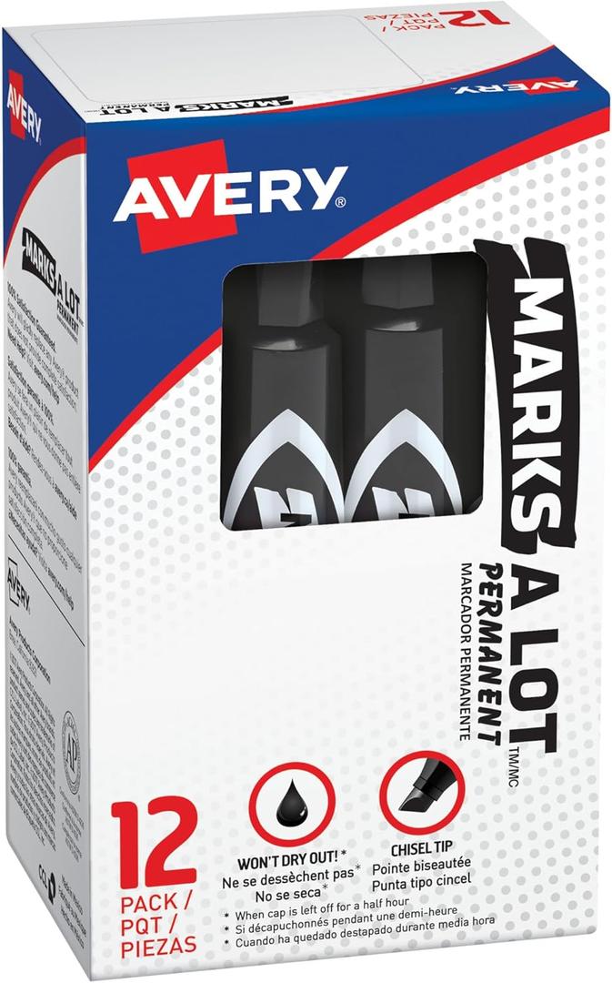 Marks-a-lot Avery Permanent Marker, Regular Chisel Tip, Black (07888), 12 markers