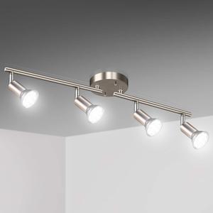Unicozin LED 4 Light Track Kit, Matt Nickel 4-Way Ceiling Spot Lights, Flexibly Rotatable Heads, Modern Track Light Included - 4 x LED GU10 Bulbs (4W, Daylight White 5000K, 400lm)