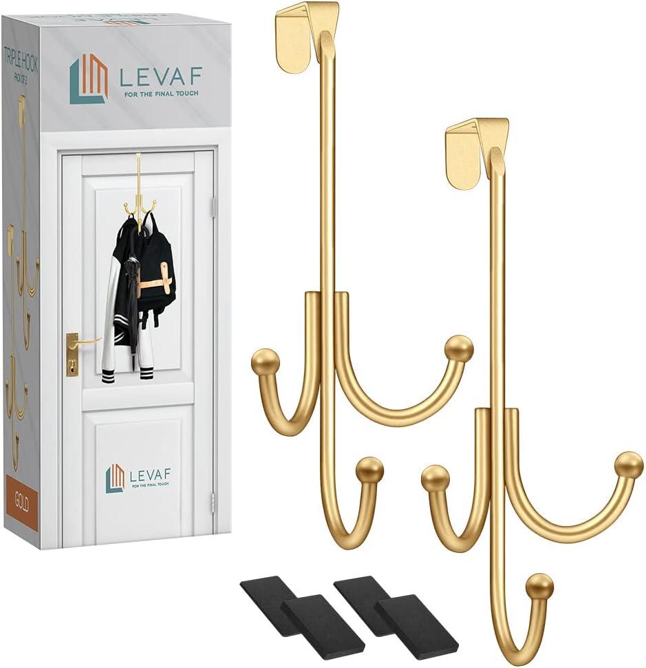 LEVAF 2-Pack Over The Door Hook - with 3 Hang Heads & Snug Fit Pads- 2Pcs Heavy Duty Hooks for Hanging Coats, Towels, Caps & Robes - Elegant Matt Finish - No Drill Hanger Organizer - Gold