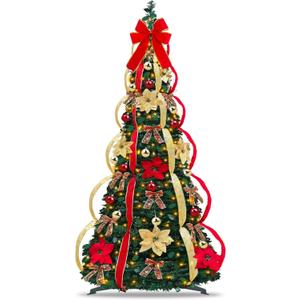 6 Ft Pre-Decorated Pop Up Full Christmas Tree Prelit 200 Warm White LED Lights 8 Modes Timer UL Plug in, 1 Minute Pull Up Collapsible Christmas Tree with 64 Ornaments for Indoor Outdoor Home Holiday