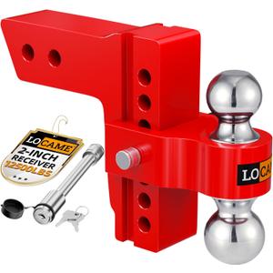 LOCAME Adjustable Trailer Hitch, Fits 2-Inch Receiver, 6-Inch Drop Aluminum 1-7/8'' & 2'' Tow Ball Drop Hitch,12,500 LBS GTW-Tow Hitch for Heavy Duty Truck with Double Stainless Locks, Red, LC0046