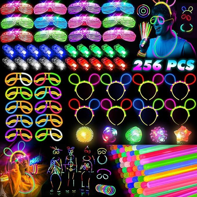 Glow in the Dark Supplies for Kids Adults, Light Up Party Favors, 56 LED Light Up Toys, 100 Glow Sticks Bulk Party Pack DIY Glasses Headbands Necklaces for Neon Party Supplies & Decorations