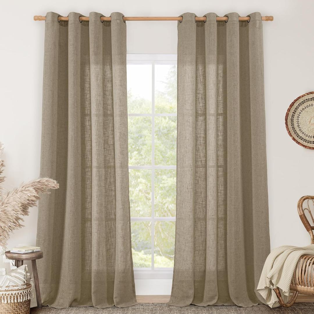 LAMIT Linen Curtains for Living Room 84 inch Length 2 Panels, Light Filtering Semi Sheer Curtains Bronze Grommet Farmhouse Panels for Bedroom/Sliding Glass Door, Taupe, 52 x 84 Inch
