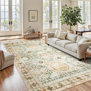 5x7 Area Rugs for Bedroom Living Room Dining Room Green Yellow Low Pile Indoor Washable Trendy Faded Style Rugs Foldable Non-Slip Thin Print Mat, Green/Yellow 