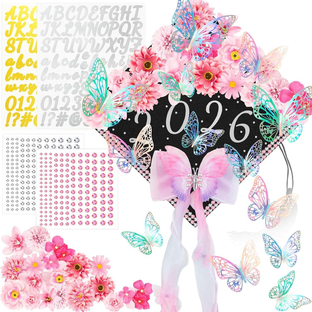 35 Pcs Graduation Cap Decorations Kits DIY Pink Faux Flower Heads 3D Butterfly Bow Ornament Adhesive Rhinestones Glitter Alphabet Letter Number Sticker for Grad Cap Topper Graduation Party DIY Crafts