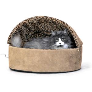 K&H Pet Products Thermo-Kitty Bed Deluxe Heated Cat Bed for Large Kitties - Indoor Heated Pet Bed for Dogs & Cats, Covered Cave Pet Tent, Machine Washable, Safety Listed - Large 20in Tan/Leopard