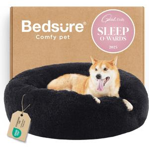 Bedsure Calming Dog Bed for Medium Dogs - Donut Washable Medium Pet Bed, 30 inches Anti-Slip Round Fluffy Plush Faux Fur Cat Bed, Fits up to 45 lbs Pets, Black