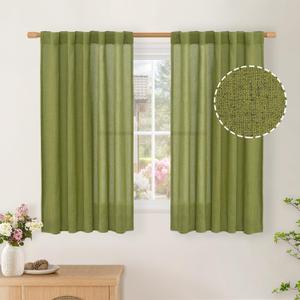BGment Short Green Linen Curtains for Windows 40 Inch Length 2 Panels - Light Filtering Drapes Semi Sheer Country Privacy for Bedroom/Farmhouse/Laundry Decor Rod Pocket Back Tab, Each 42 Inch Wide