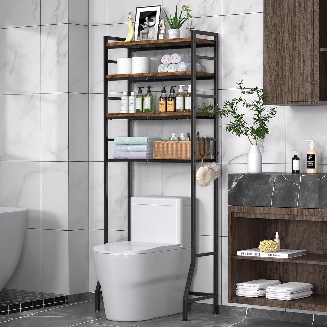 Over The Toilet Storage Rack,4-Tier Over Toilet Bathroom Organizer with Adjustable Wooden Shelves,Freestanding Space Saver Bathroom Cabinet Shelves Over Toilet,Over Toilet Storage, Vintage Brown, 24.4 x 13 x 64.6 inches
