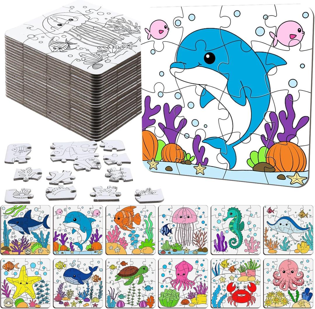 Realspring 24 Pack Under The Sea Color Your Own Jigsaw Puzzles for Kids 3-5, 4-6, 6-8, Coloring Crafts DIY Paper Puzzles Party Favors Gifts for Toddler Children Learning Education Toys