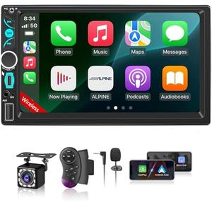 Wireless Double Din Car Stereo Apple Carplay Radio Screen for Car Audio Receivers, Bluetooth Car Play Android Auto 7" Touchscreen, Car Radio Support Bluetooth, SWC, Mirror Link, FM/AM, Type-C