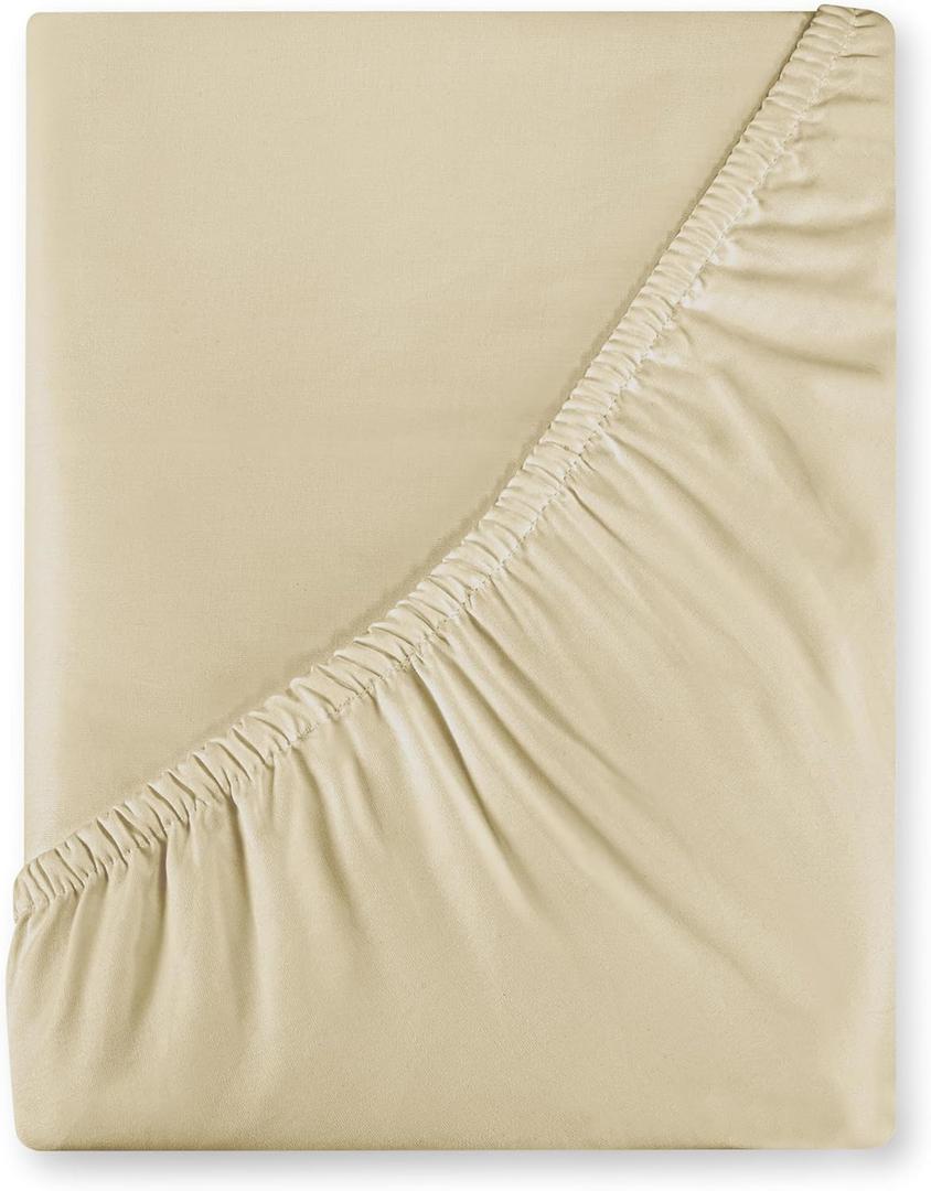Royale Linens 400 Thread Count 100% American Grown Cotton Fitted Sheet Queen Size - All Around Elastic Fitted Sheet - Luxury Sateen Weave - Snug Fit Bottom Sheet Fit Up to 16" (Queen, Moroccan Sand)