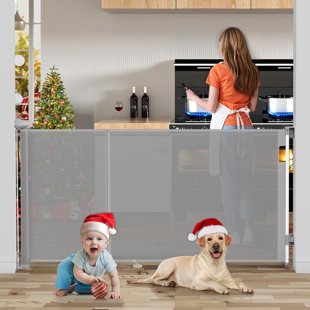 138 Inch Reinforced Retractable Baby Gates Extra Wide, Uamector Mesh Baby Gate or Dog Gate, Toddler Pet Retractable Gate Adjustable Length for Large Openings Stairs Doorways Hallway Indoor Outdoor (Gray)