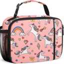 2 x esouler Lunch Box Kids Insulated Lunch Bag for Boys & Girls Durable Children Lunchbox for School with Water Bottle Holder-Pink Unicorn