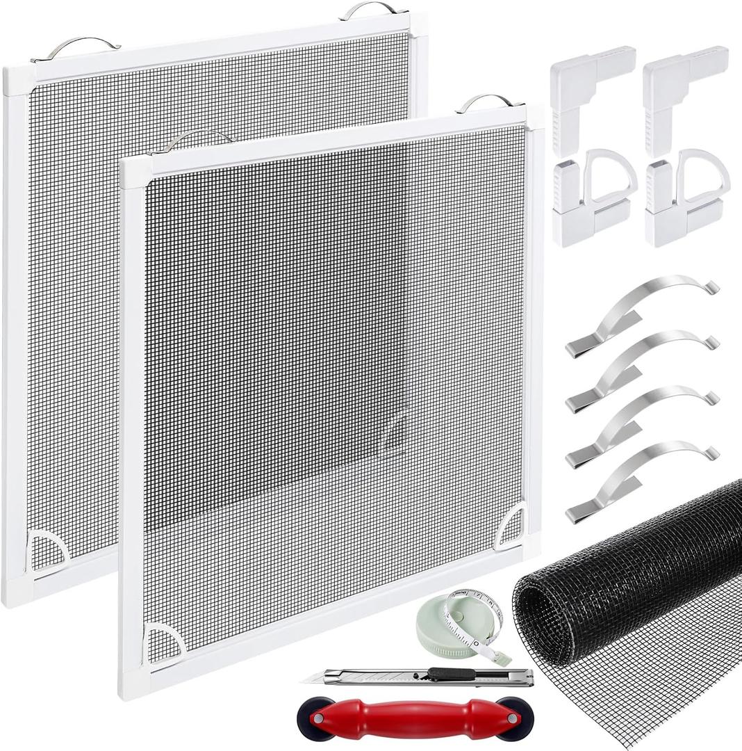 2 Sets Window Screen Frame Kit 5/16 in x 1/8 in x36inX36in Fiberglass Window Screen Replacement Kit not installed Includes Full Set of Tools Suitable for WindowsFramed Mesh Replacement Window Screens