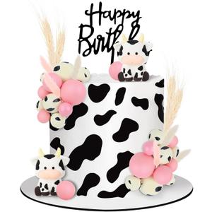 Jspupifip 25 PCS Pink Cow Cake Decorations, Birthday Cow Cake Topper with Miniature Figurines, Farm Animal Cake Topper for Baby Shower, Birthday Party, Cow Theme Decorations