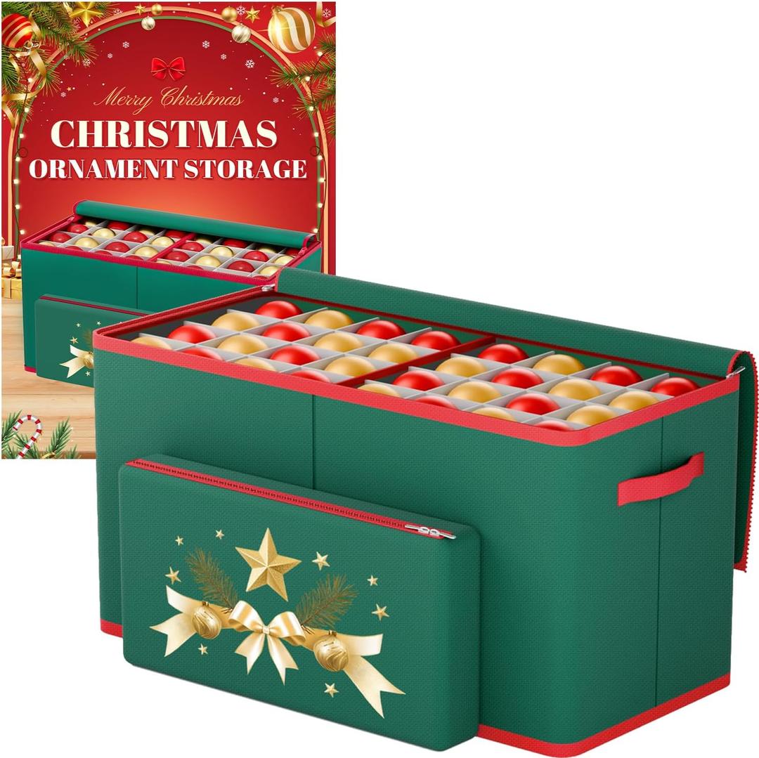 Christmas Ornament Storage Box Fits 128-3'' Holiday Ornaments Christmas Ornament Organizer Storage Box Christmas Decorations with Dividers (Green)