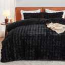 EMME Faux Fur Duvet Cover King Size, 3 Pieces Ultra Soft Fluffy Comforter Cover, Cozy Warm for Winter, Luxury Elegant Shaggy Bubble Design Bedding, 1 Duvet Cover & 2 Pillow Shams (King, Black)