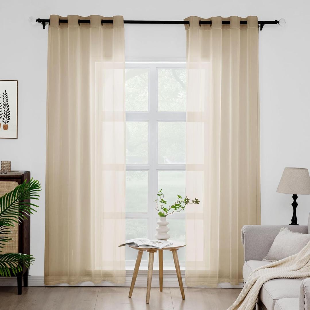 Foil Stripe Taupe Sheer Curtains 84 inches Length 2 Panels with Grommets 52 inches Widith, Semi Transparant Curtains for Living Room and Multiple Rooms, Light Filtering Window Treatment