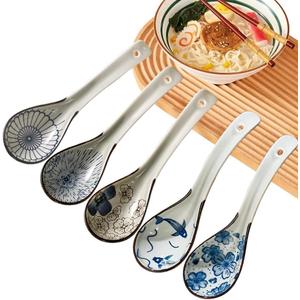 5pcs Asian Soup Spoon, Ceramic Chinese Soup Spoons, Deep Oval Hook Non-slip Japanese Spoons for Rice Ramen Pho Miso Soup Wonton Noodle, Luck and Prosperity Gifts for Friends Parents Family